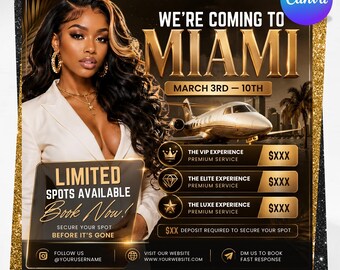 Editable Miami Travel Booking Flyer, Hair Stylist, MUA, Lash & Nail Tech Appointments, Canva Template, Instant Download