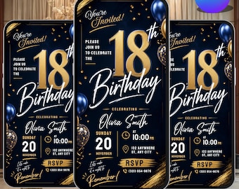 18th Birthday Video Invitation, Editable Teen Evite Template, Animated Digital Party Invite, Send by Text or Email, Modern Design