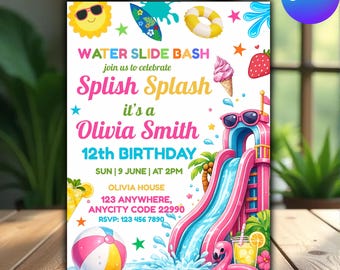 Water Slide Birthday Invitation Canva Template, Splash Pool Party Invite, Girl Summer Party Editable,DIY text, instant download
