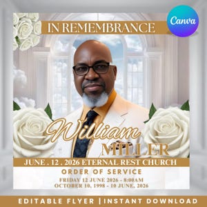 Op de afbeelding: Een herdenkingsflyer met de tekst "IN REMEMBRANCE" bovenaan. De flyer toont een portret van een man in een pak, met de naam "William MILLER" in elegant schrift. Witte rozen en de tekst "JUNE. 12. 2026 ETERNAL REST CHURCH" zijn ook opgenomen.