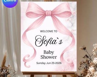 Pink Bow Baby Shower Welcome Sign, Coquette Bow Girl Baby Shower Poster, Printable Welcome Sign, DIY text, instant download