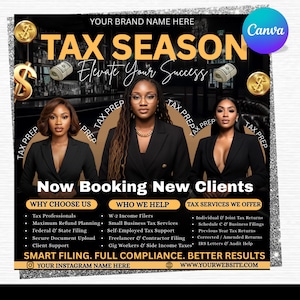 Könnte beinhalten: Werbegrafik für Steuerberatungsleistungen. Das Bild zeigt drei Frauen in Business-Kleidung mit dem Text "TAX SEASON" und "Elevate Your Success". Zusätzlicher Text enthält "Now Booking New Clients" und Servicedetails.