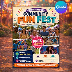 May include: A colorful event flyer for the Community Fun Fest on Saturday, June 28, 2026, from 11:00 AM to 5:00 PM. The poster features photos of people at an outdoor festival, text stating Free Admission, and icons for live music, food, and games.