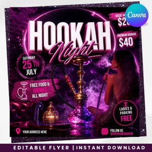 Puede incluir: Un folleto digital para Hookah Night con una cachimba central, iluminación de neón púrpura y rosa, y texto que incluye Hookah Night, Saturday 25th July, Free Food & Drinks All Night y Ladies & Parking Free sobre un fondo oscuro.
