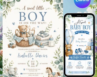 Boy Baby Shower Invitation Template, Editable Blue Baby Shower Invite, Printable 5x7, Instant Download, Templete, DIY text, Instant download
