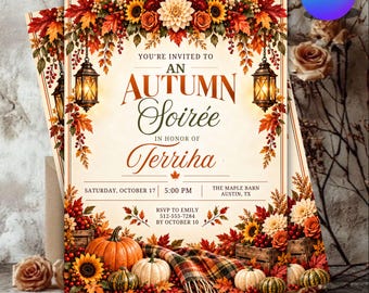Editable Autumn Soirée Invitation, Pumpkin Dinner Party Template (Canva Digital Download)