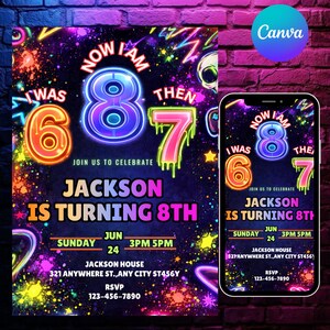 May include: A vibrant birthday invitation with a neon design. The invitation reads "Now I am 8, I was 6, then 7." It includes the text "Jackson is turning 8th" with event details. A smartphone displays the same design.