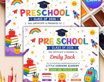 Preschool Graduation Certificate Template, Printable Diploma, Award Canva Template, Graduation Certificate, DIY Text, instant download