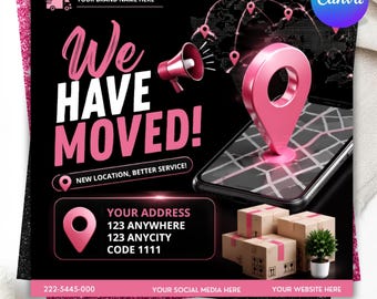 We Have Moved Flyer Template, Editable Canva New Address Flyer, Business Relocation Announcement, DIY text, Instant download