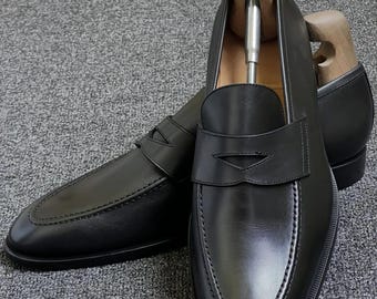 Mocassini da uomo in pelle nera fatti a mano - Scarpe eleganti in pelle pieno fiore - Mocassini da uomo