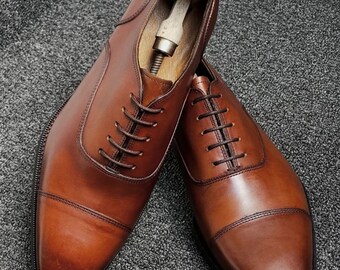 Handmade Men's Cognac Leather Oxford Shoes, Bespoke Cap Toe Formal Luxury Handcrafted Full Grain