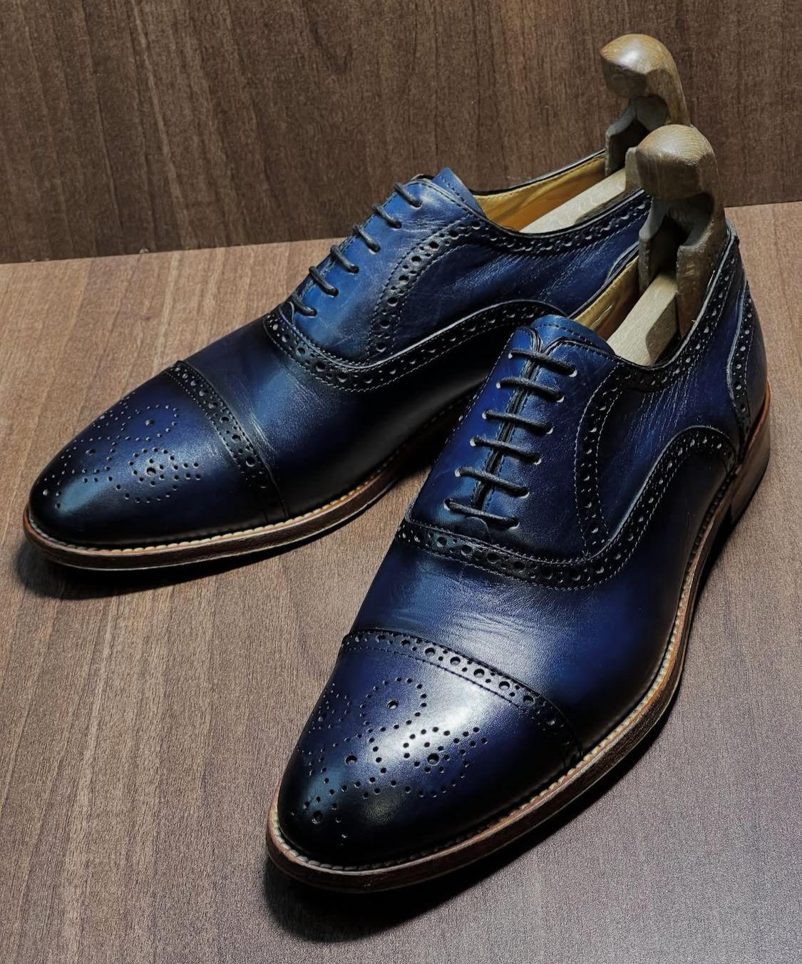 genuine calf leather men dress shoes blue Carrucci Mens Navy Blue Lace-up Oxford Leather Dress Shoes With Lug So –  The Suit Depot