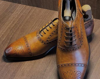Handgefertigte hellbraune Leder Brogue Oxford Schuhe | Herren Flügelspitze Abendkleid