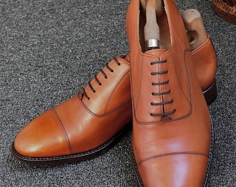 Handmade Tan Leather Cap-Toe Oxfords – Mens Full-Grain Leather Dress Shoes – Artisanal Bespoke Footwear