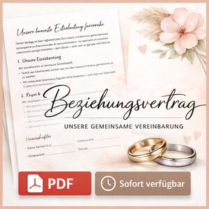 May include: A wedding contract template with the title "Beziehungsvertrag" in elegant script. The design includes two wedding rings, a gold and a silver band, and decorative floral elements. The document is available as a PDF.