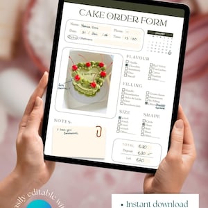 May include: A digital cake order form displayed on a tablet. The form includes sections for flavor, filling, size, and shape, with a heart-shaped cake illustration. The text "I love you Emmanuel" is visible.