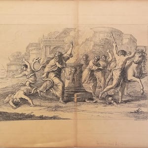 Op de afbeelding: Een antieke zwart-wit ets toont een dramatische scène met figuren, een stier en een klassiek gebouw op de achtergrond. Een centraal altaar stoot rook uit en de figuren zijn in beweging, wat wijst op een ritueel of historische gebeurtenis.