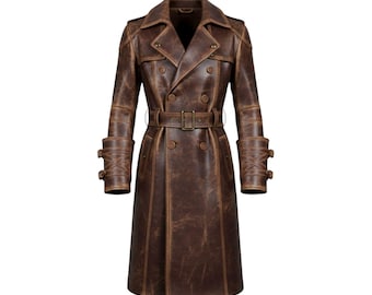 Trench in pelle gotica steampunk da uomo - Giacca da pirata vittoriana marrone anticata, spolverino per cosplay, LARP e costume da festival