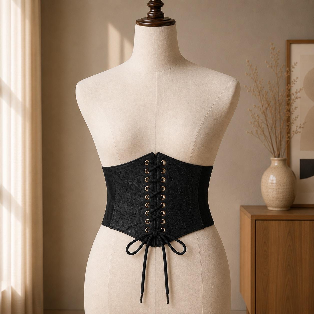 Lace Up Renaissance Corset Belt, Women's Wide Elastic Waist Belt, Gothic Waspie Cincher, Pirate Costume, Medieval Fashion