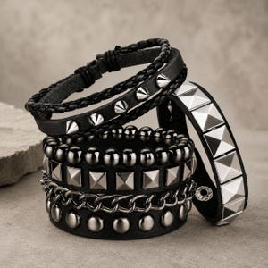 4 Pcs Punk Leather Cuff Bracelets, Emo Gothic Studded Wristbands for Men Women, Rock Rocker Biker Accessories