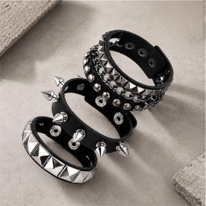 3PCS Punk Rock Studded Bracelet Set, Black Leather Spike Cuff Bracelets for Men Women, Gothic Emo Biker Wristbands