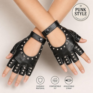 May include: Black fingerless gloves featuring silver-toned metal studs across the surface, a circular cutout on the back of the hand, and an adjustable wrist strap with a snap button closure. The text PUNK STYLE PREMIUM QUALITY is visible.