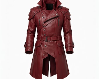 Cappotto da uomo in pelle rossa Steampunk - Trench vittoriano gotico, giacca da cosplay, soprabito fantasy pirata, capospalla punk retrò