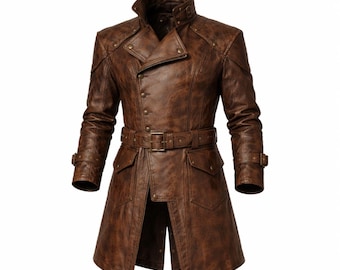 Cappotto da uomo in pelle marrone steampunk – Trench effetto consumato, giacca da cosplay in stile gotico vittoriano, capospalla da pirata e punk