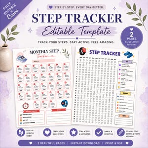 May include: A two-page digital step tracker template featuring a monthly calendar with sneaker icons for daily logging and a yearly grid tracker. The design includes sections for monthly summaries, notes, and a color-coded key for activity levels.