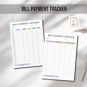 May include: Two white bill payment tracker sheets with the text "BILL PAYMENT TRACKER" at the top. The sheets have columns for tracking bills, due dates, and amounts. A PDF icon is in the upper right corner.