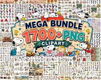 May include: A digital collection of Peanuts character illustrations featuring Snoopy, Charlie Brown, and friends in various seasonal themes. The central graphic displays the text MEGA BUNDLE 1700+ PNG CLIPART, surrounded by numerous small colorful cartoon images.