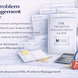 以下が含まれることがあります： 「ITIL Problem Management Guide」のテキストとMethod & Modelのロゴが入ったITIL問題管理ガイド。画像には、電卓、開いたノート、鉛筆、PDFアイコンとインスタントダウンロードグラフィックが含まれています。