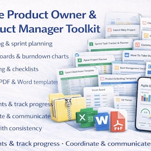 Op de afbeelding: Afbeelding van een "Agile Product Owner & Product Manager Toolkit". De afbeelding bevat checklists, sjablonen en een smartphone met een dashboard. Tekst omvat "Backlog & sprint planning" en "Plan sprints & track progress."