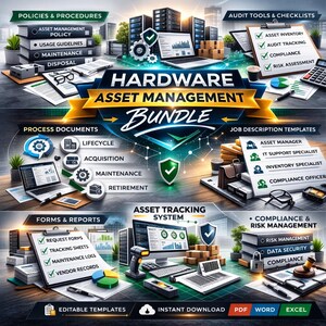 May include: A digital graphic promoting a "Hardware Asset Management Bundle." The image features stacks of documents, laptops, and checklists. Text includes "Policies & Procedures," "Audit Tools & Checklists," and "Forms & Reports."