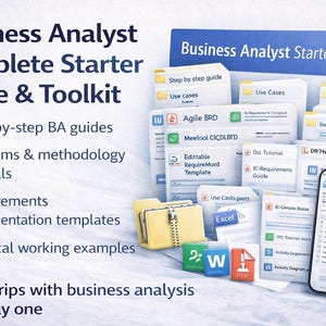 May include: A business analyst starter guide and toolkit, featuring guides, tutorials, and templates. The image includes step-by-step guides, diagrams, and documentation templates. A smartphone displays a business requirement document. The text says "Get to grips with business analysis from day one."