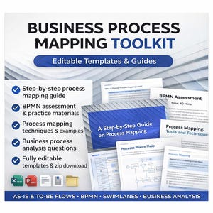 Könnte beinhalten: Ein Business-Process-Mapping-Toolkit mit dem Titel "Business Process Mapping Toolkit" und dem Untertitel "Editable Templates & Guides". Das Bild enthält eine Schritt-für-Schritt-Anleitung, BPMN-Bewertungsmaterialien und Prozessmapping-Techniken.