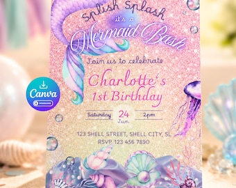 Mermaid Birthday Invitation, Splish Splash Bash, 1st Birthday Party (Canva Template)