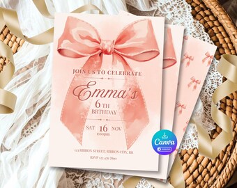 Vintage Pink Bow Birthday Invitation for Girls, Editable Canva Template (5x7)– Instant Download