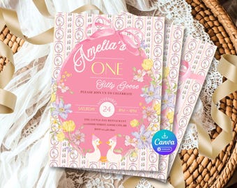 Silly Goose Birthday Invitation, Pink Vintage Bow, Floral Canva Template (5x7) -Instant Download