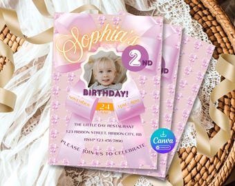 Pink Ribbon Photo Birthday Invitation, Editable Canva Template (5x7) (Instant Download)