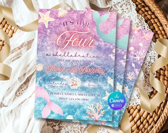 Mermaid Birthday Invitation, Four Shellabration Party Invite, Pastel Ocean Theme (Digital Instant Download)