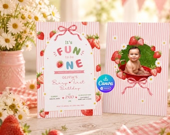 Berry First Birthday Invitation with Photo, Strawberry Party Invite (Canva Template)
