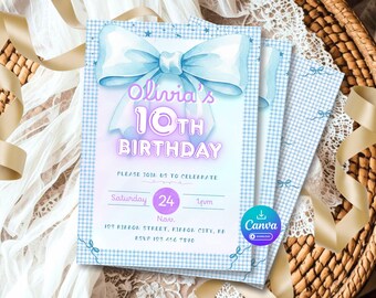 Vintage Blue Bow Neon Birthday Invitation for Girls, Editable Canva Template (5x7)– Instant Download