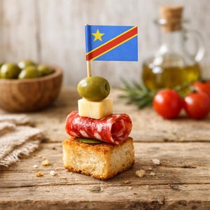 Könnte beinhalten: Ein Spieß mit einer Flagge der Demokratischen Republik Kongo, Olive, Käse, Salami und Brot. Das Essen ist auf einer Holzoberfläche angerichtet, mit Oliven, Tomaten und Olivenöl im Hintergrund.