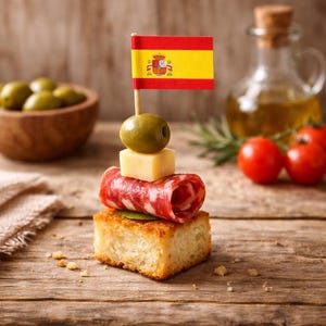 Könnte beinhalten: Spanische Tapas-Spieße mit Miniaturflagge, Olive, Käse und Salami auf Brotbasis. Oliven in einer Holzschale, Tomaten und Olivenöl in einer Glasflasche im Hintergrund auf einer Holzoberfläche.