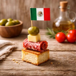 Könnte beinhalten: Ein mexikanischer Appetithappen-Spieß mit Flagge, Olive, Käse und Salami auf Toastbrot. Oliven in einer Holzschale, Tomaten und Öl im Hintergrund auf einer Holzoberfläche.
