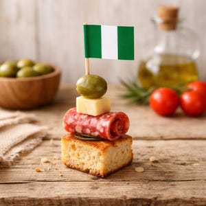 Könnte beinhalten: Ein Appetithäppchen-Spieß mit einer nigerianischen Flagge, einer grünen Olive, Käse und Salami auf einem Brotstück. Oliven und Tomaten sind im Hintergrund. Der Spieß liegt auf einer Holzoberfläche.