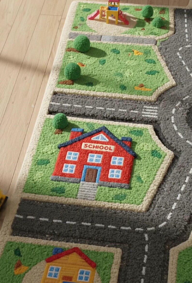 Interactive City Road Map Kids Rug | Vibrant Green & Blue | Hand-tufted ...
