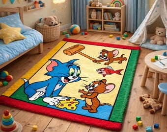 Alfombra para niños con personajes de dibujos animados / Alfombra colorida para área de juegos / Alfombra de pelo cortado hecha a mano.
