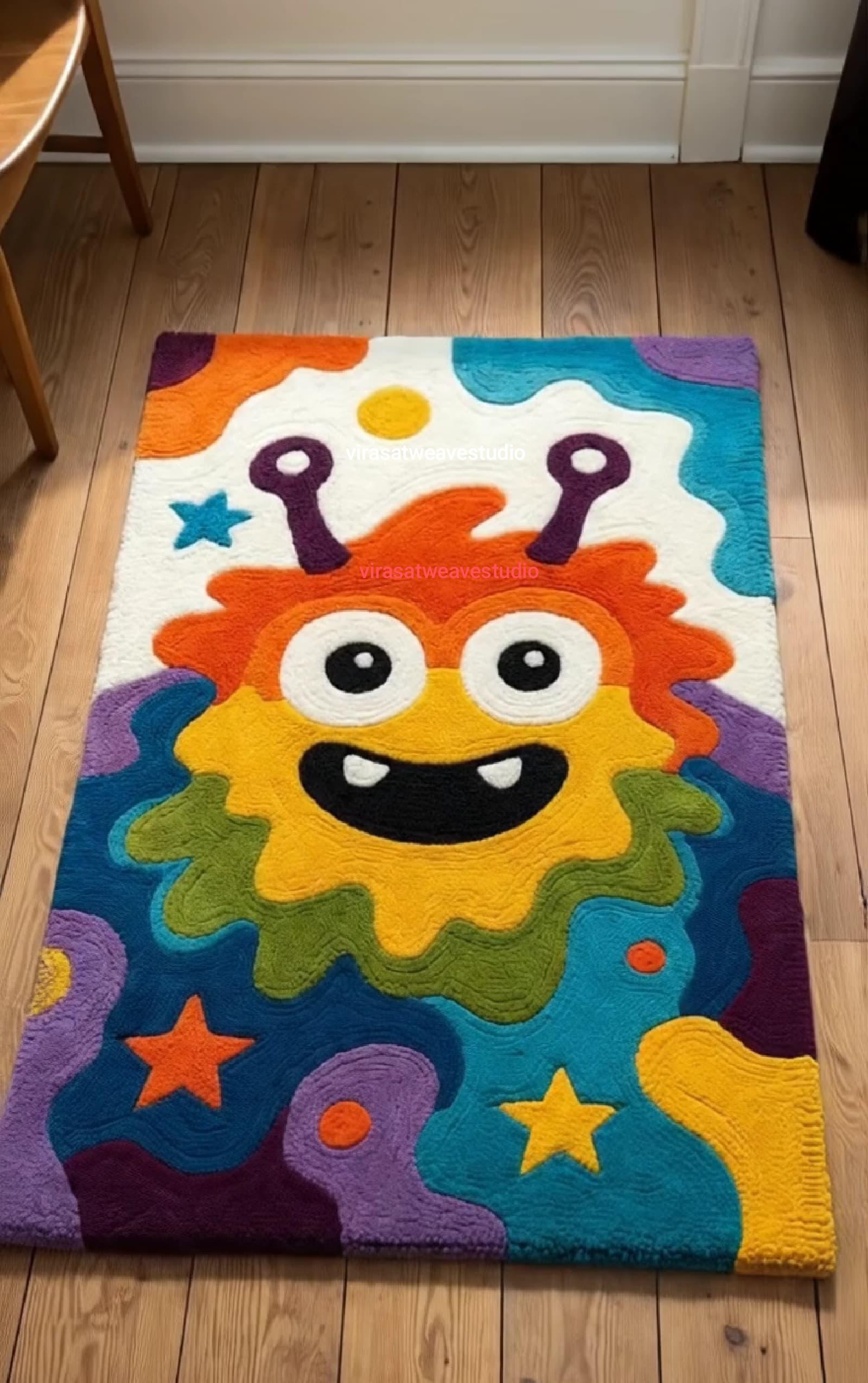 Monster Ink Rug Kids Monster Theme Rug | Colorful Cartoon Character | Hand Tufted Wool ...